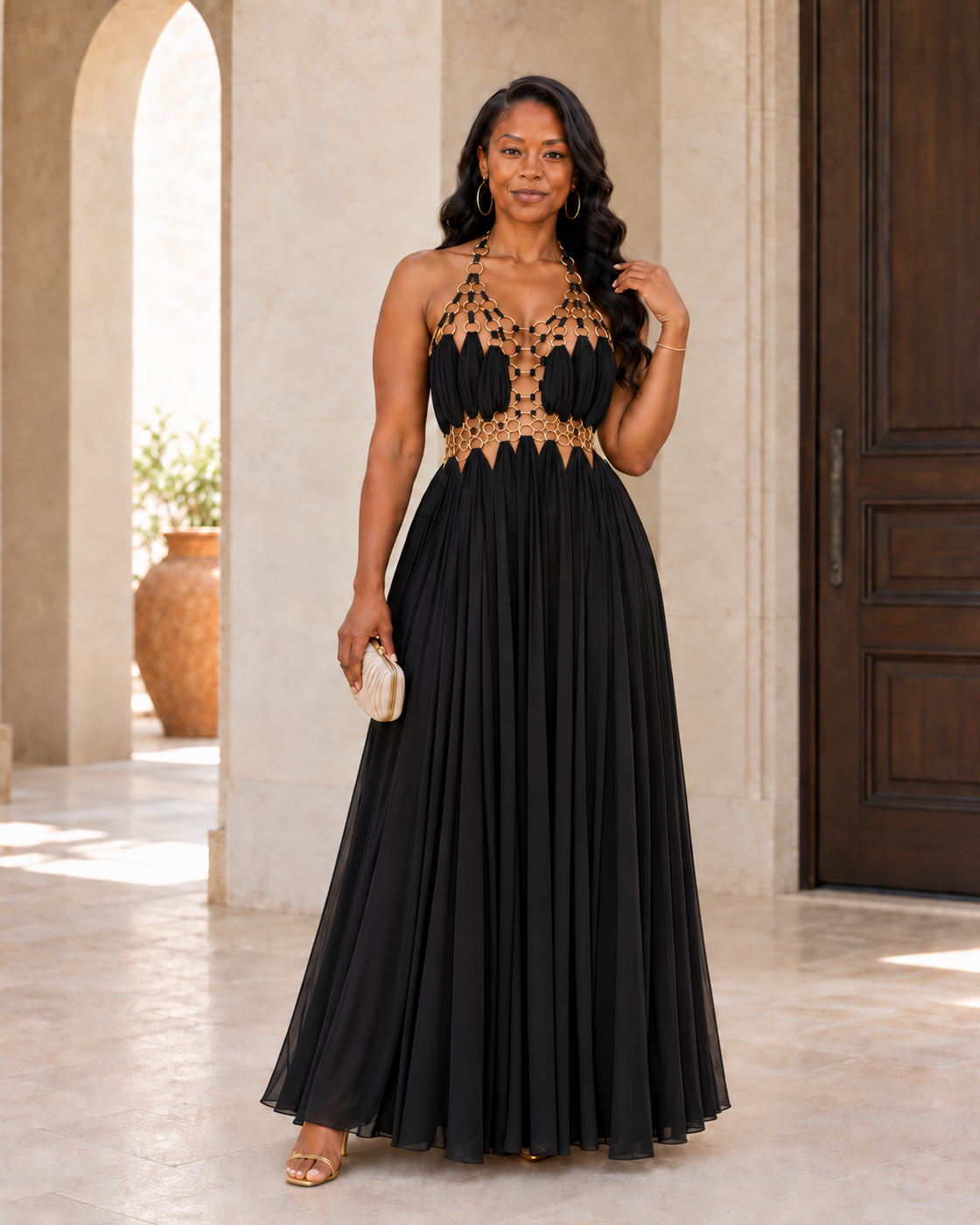 Avelise Ring Halter Gown — Black — Model 5 — front view