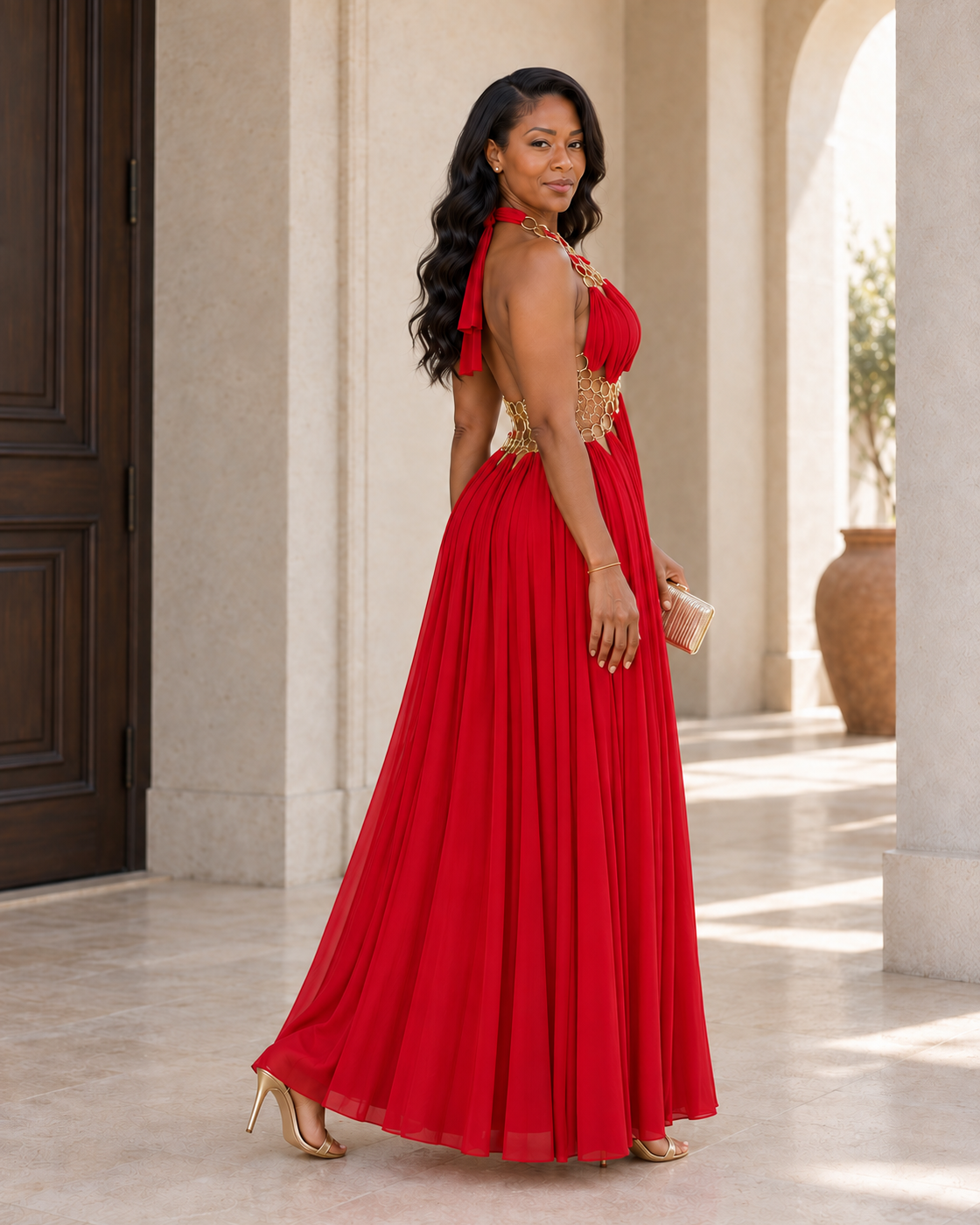 Avelise Ring Halter Gown — Red — Model 5 — angle view