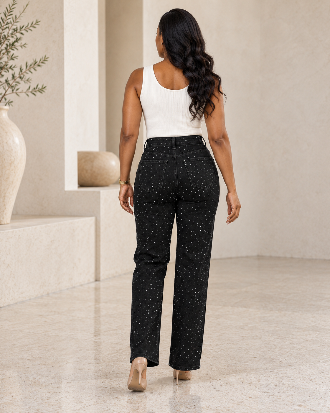 Alcina Rhinestone Jeans — Black — back view