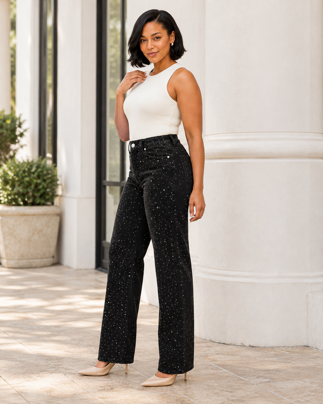 Alcina Rhinestone Jeans — Black — Model 3 — angle view