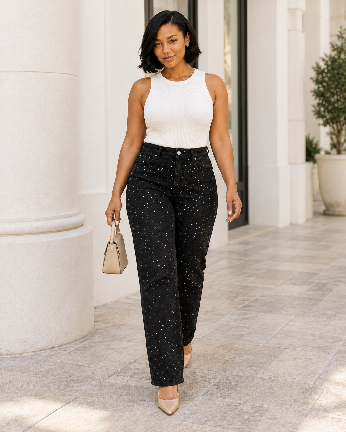 Alcina Rhinestone Jeans — Black — Model 3 — front view