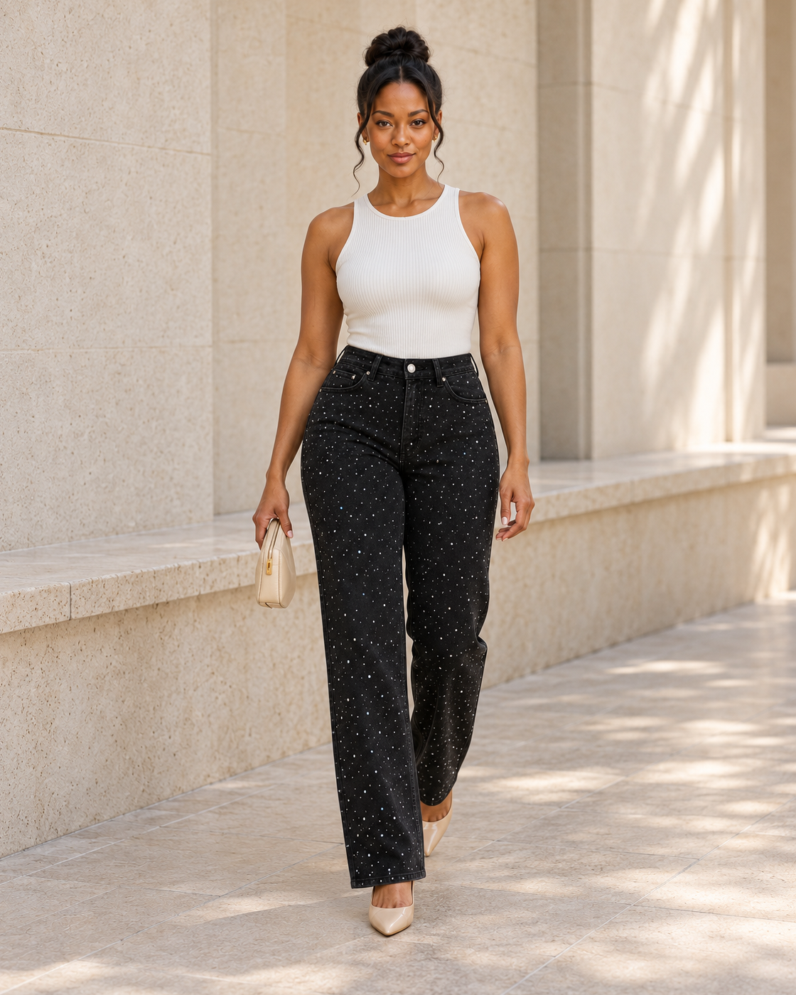 Alcina Rhinestone Jeans — Black — Model 4 — front view