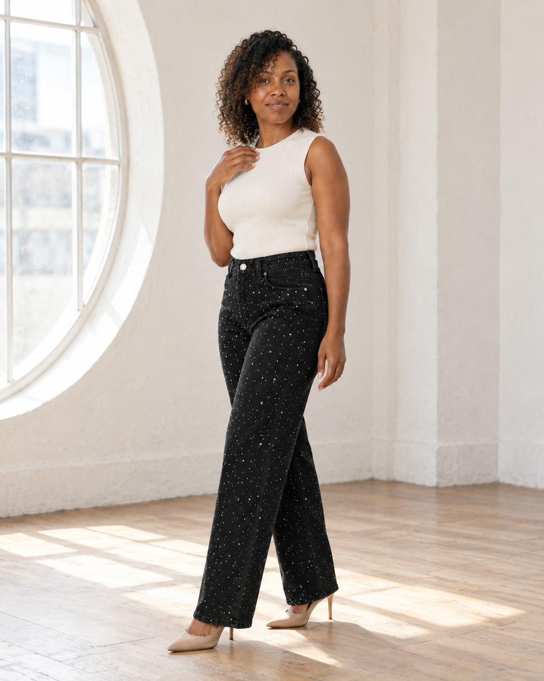 Alcina Rhinestone Jeans — Black — Model 7 — angle view