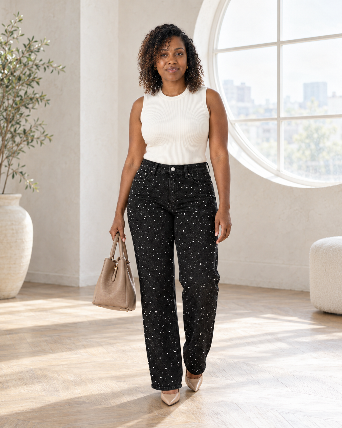 Alcina Rhinestone Jeans — Black — Model 7 — front view