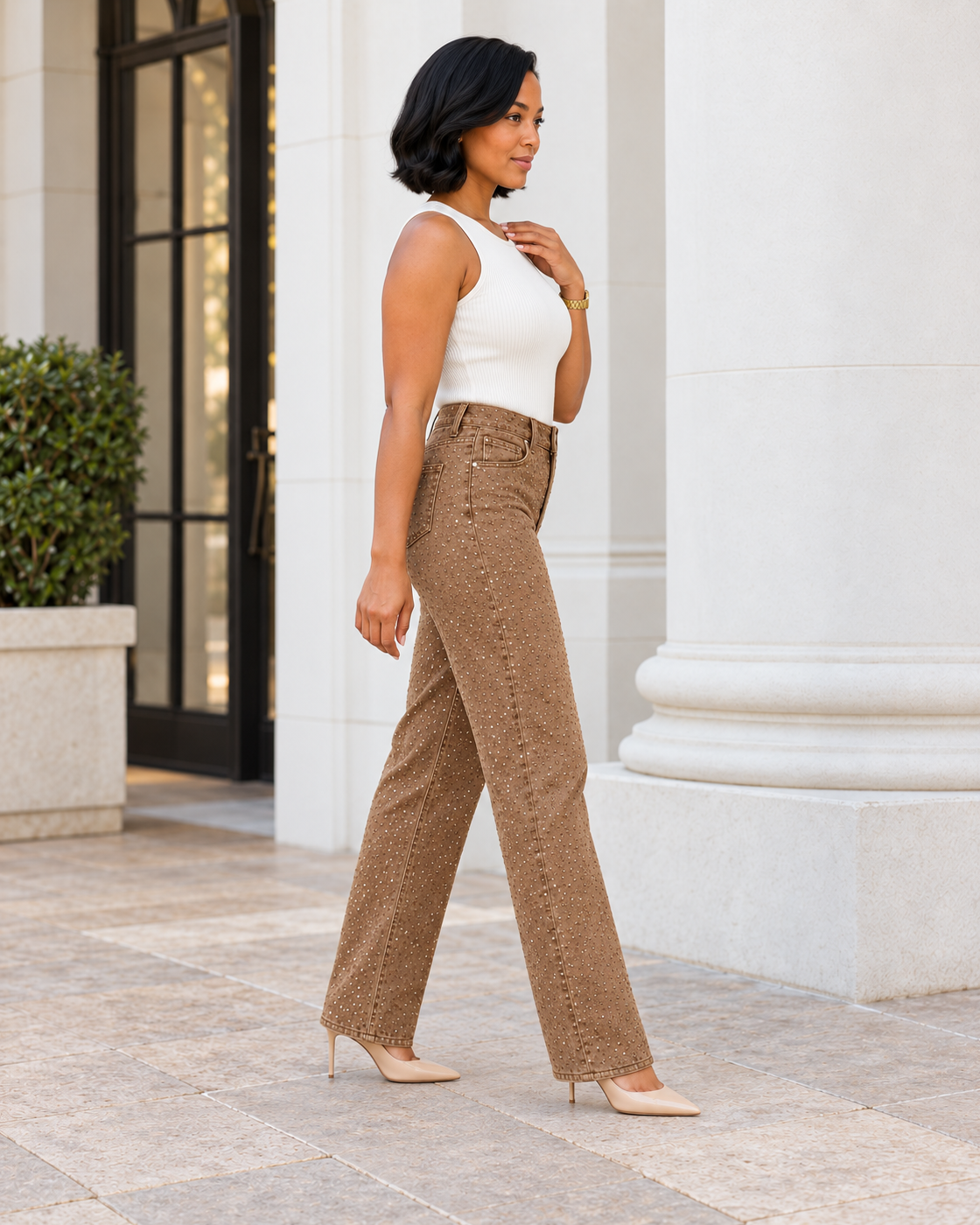 Alcina Rhinestone Jeans — Brown — Model 3 — angle view