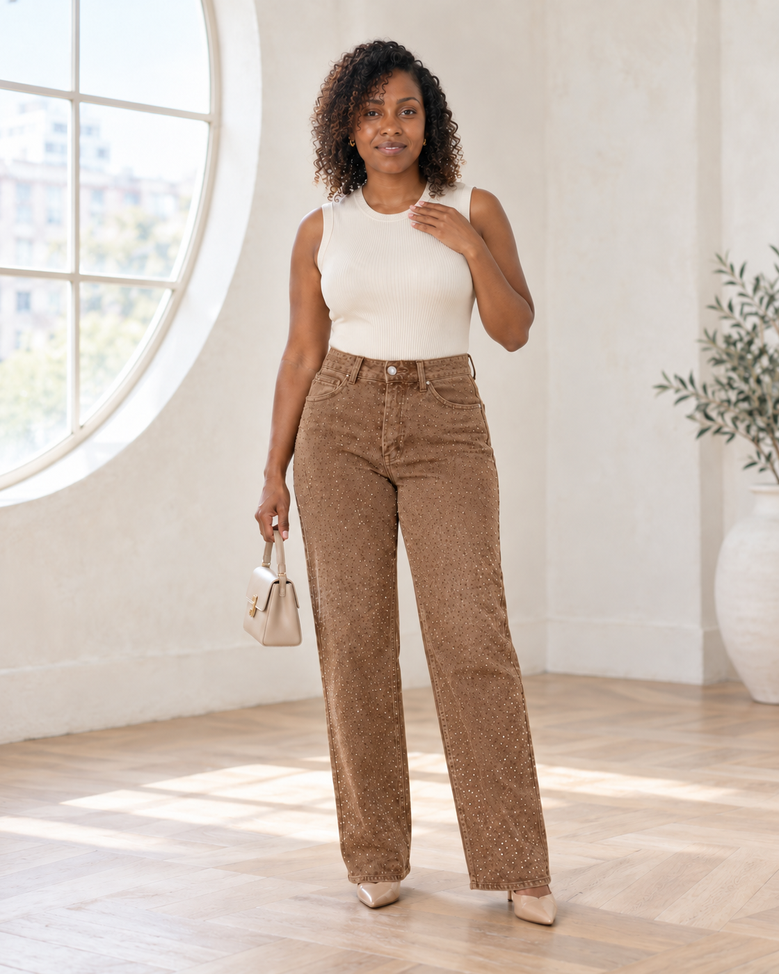 Alcina Rhinestone Jeans — Brown — Model 7 — front view