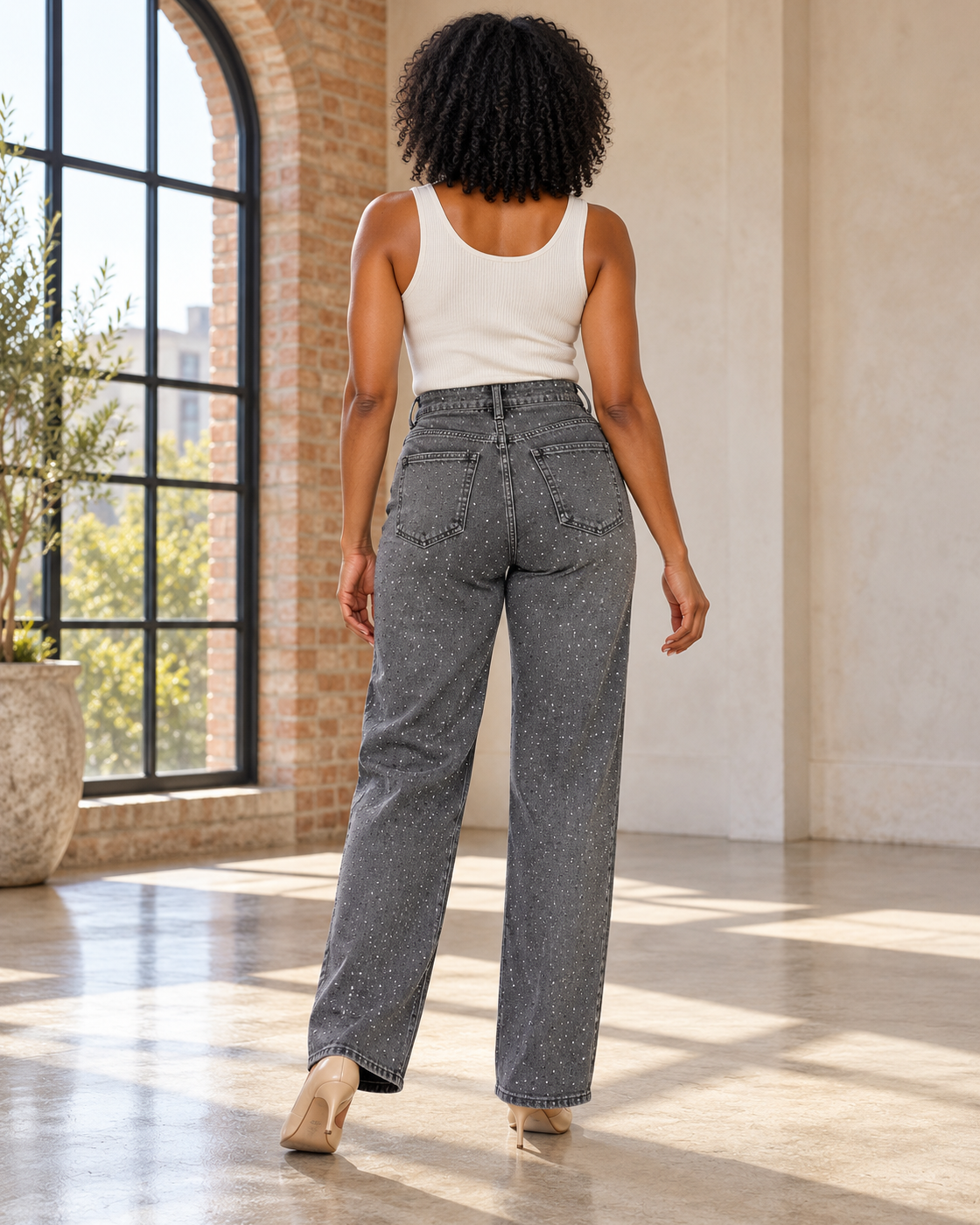 Alcina Rhinestone Jeans — Charcoal — Model 2 — back view