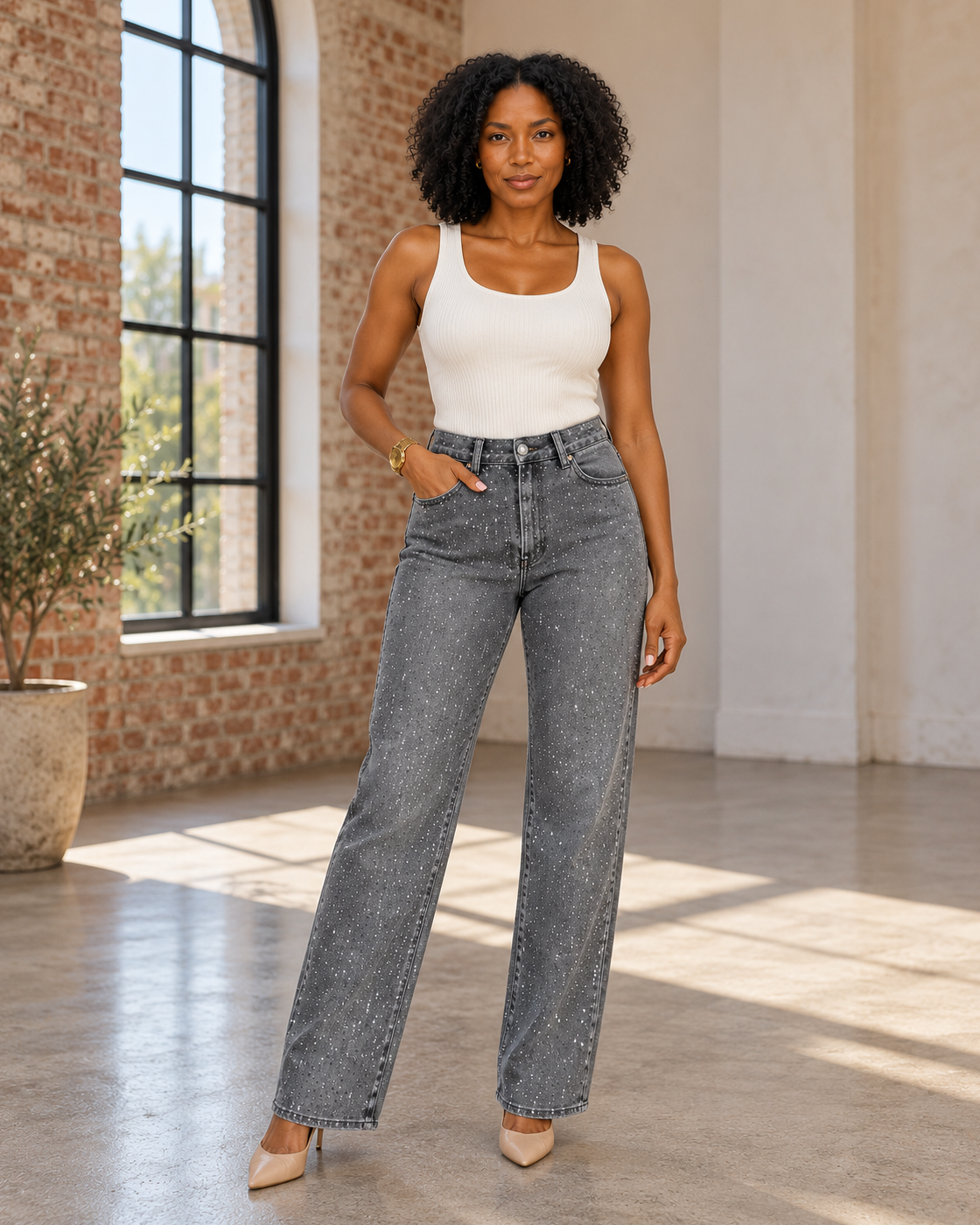 Alcina Rhinestone Jeans — Charcoal — Model 2 — front view