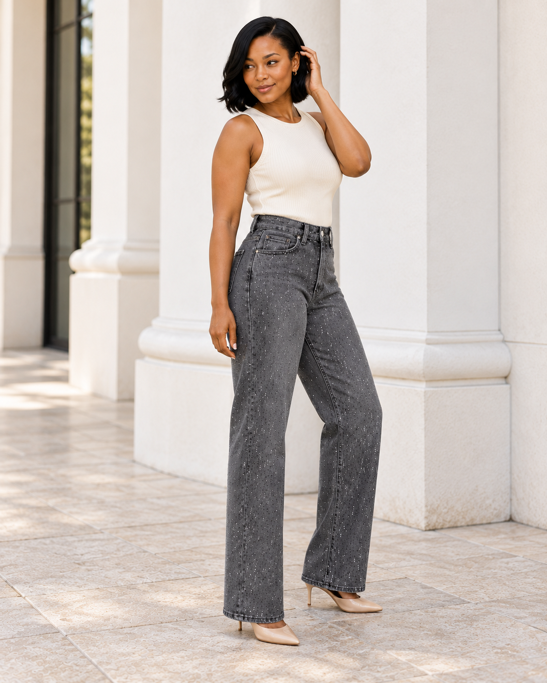Alcina Rhinestone Jeans — Charcoal — Model 3 — angle view