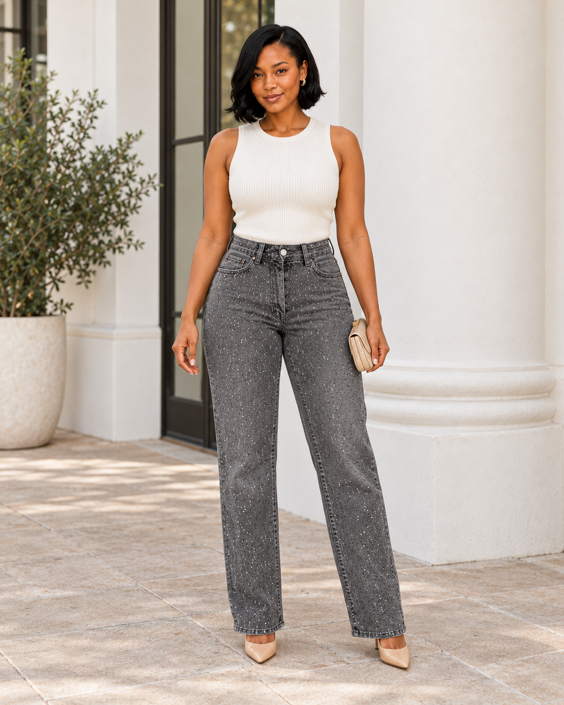 Alcina Rhinestone Jeans — Charcoal — Model 3 — front view
