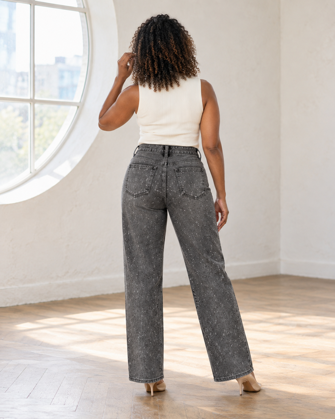 Alcina Rhinestone Jeans — Charcoal — Model 7 — back view