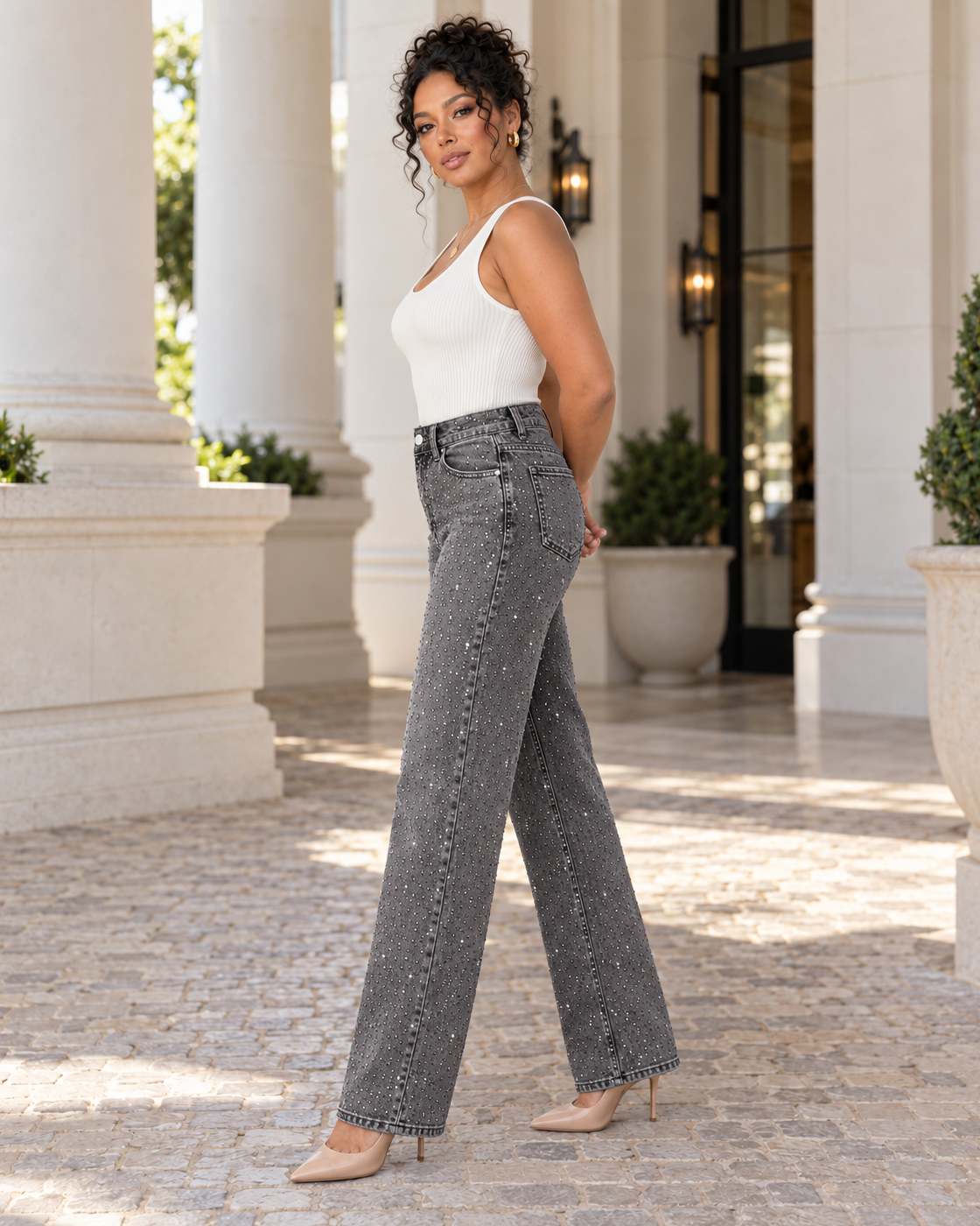 Alcina Rhinestone Jeans — Charcoal — Model 11 — side angle view