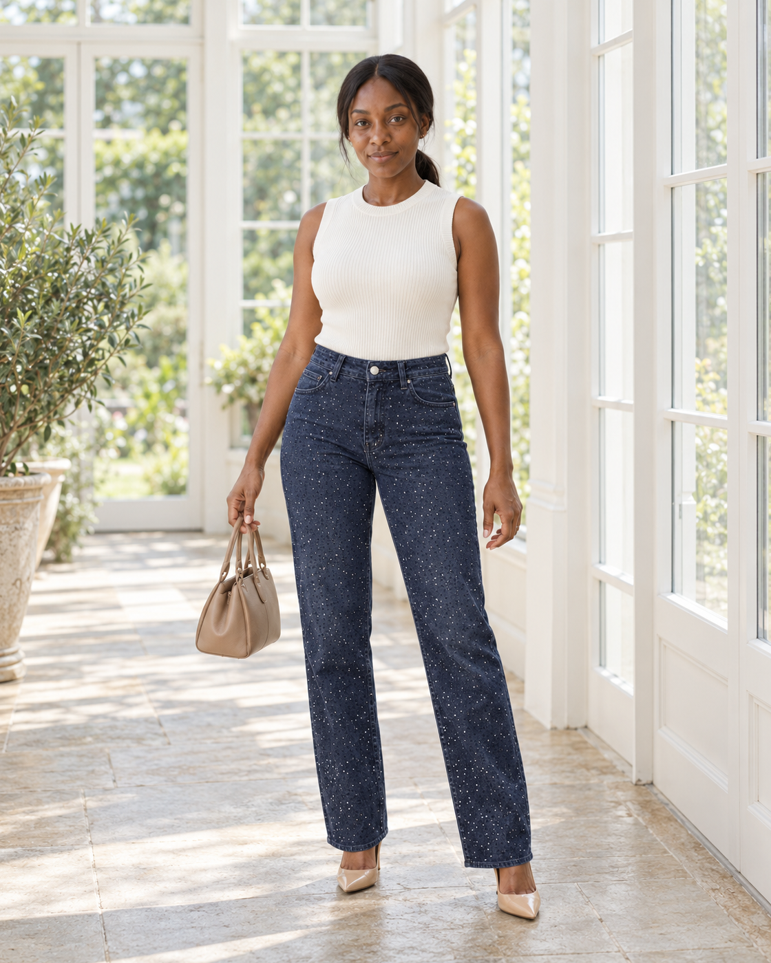 Alcina Rhinestone Jeans — Dark Blue — Model 6 — front view