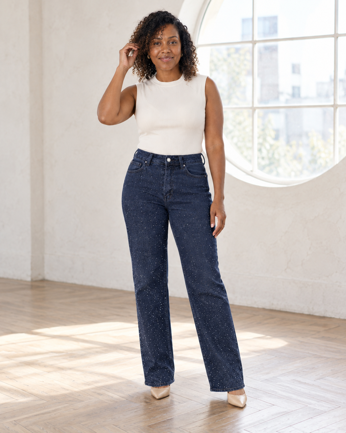 Alcina Rhinestone Jeans — Dark Blue — Model 7 — front view