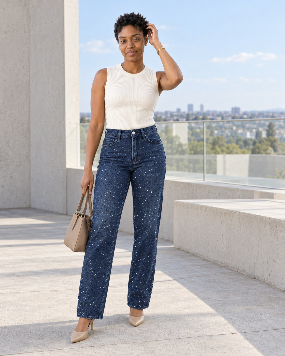 Alcina Rhinestone Jeans — Dark Blue — Model 8 — front view