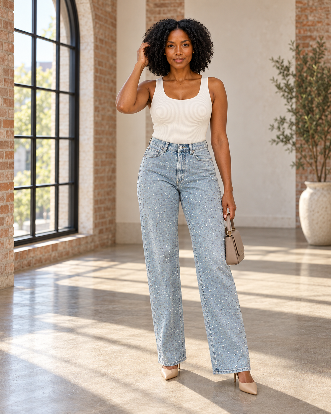 Alcina Rhinestone Jeans — Light Blue — Model 2 — front view