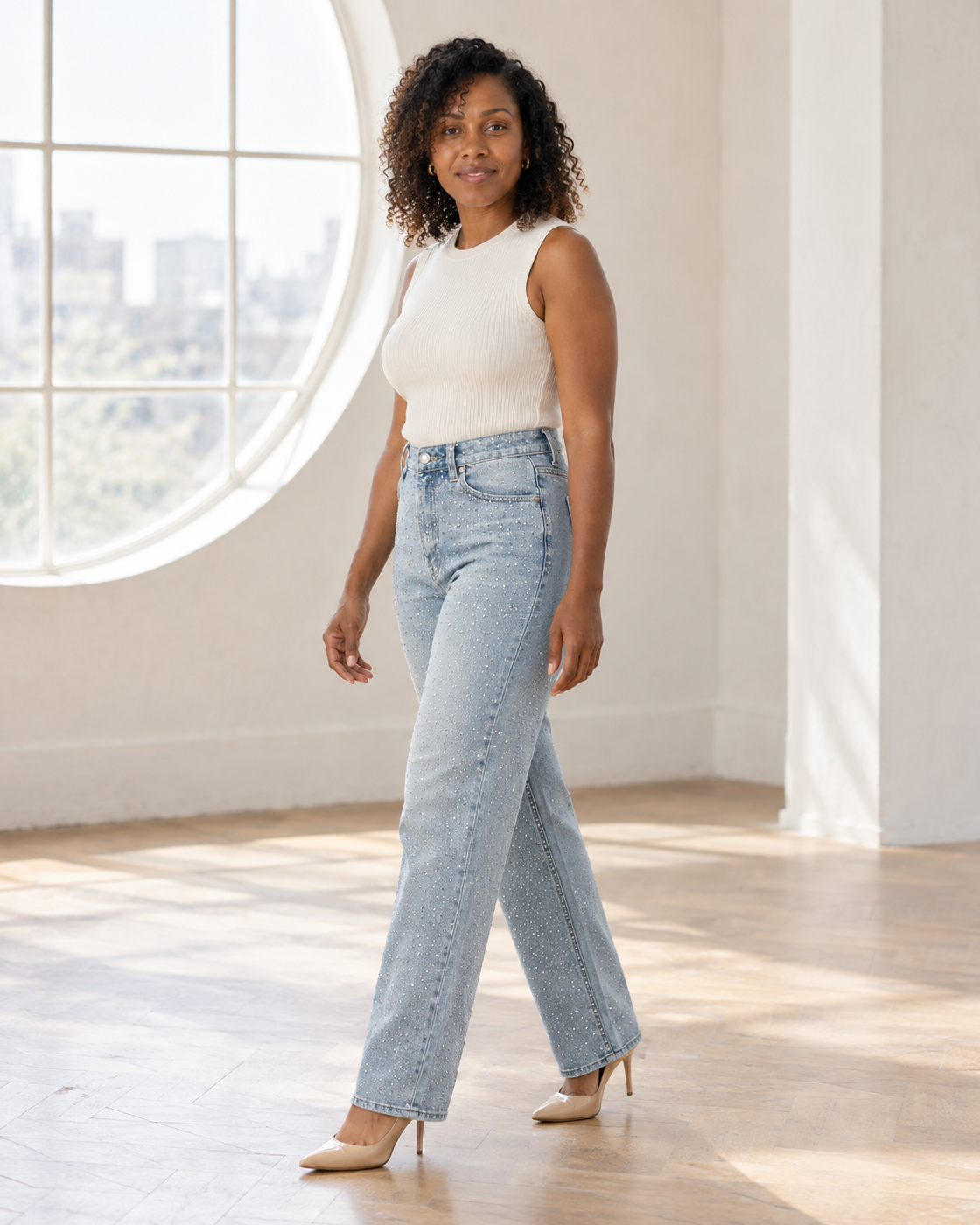 Alcina Rhinestone Jeans — Light Blue — Model 7 — angle view