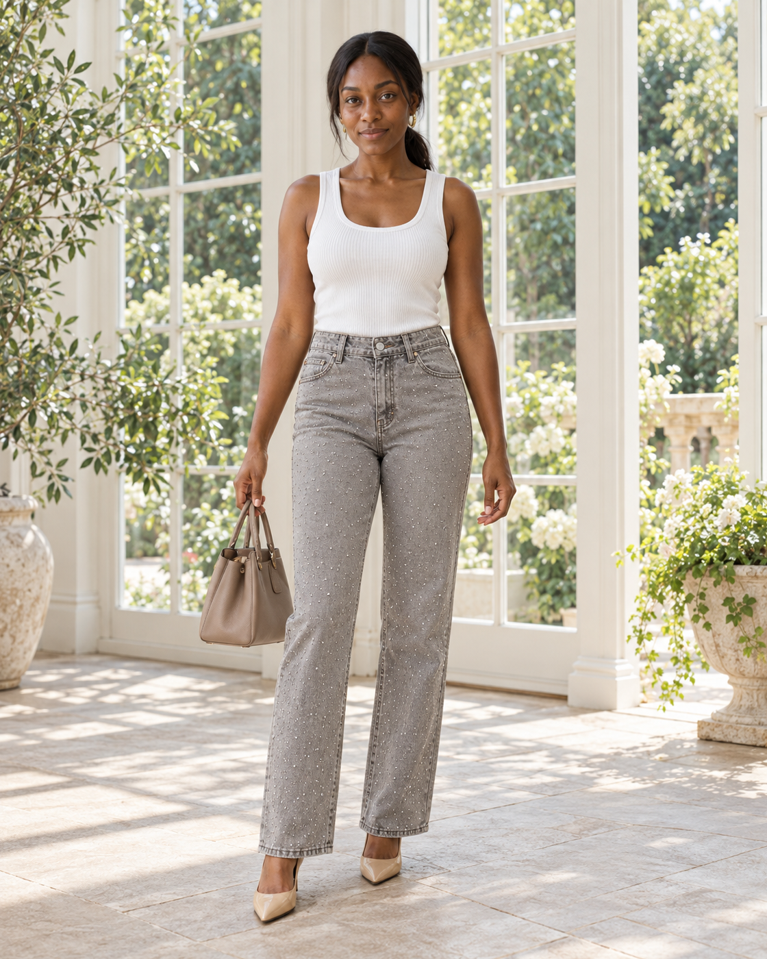 Alcina Rhinestone Jeans — Light Gray — Model 6 — front view