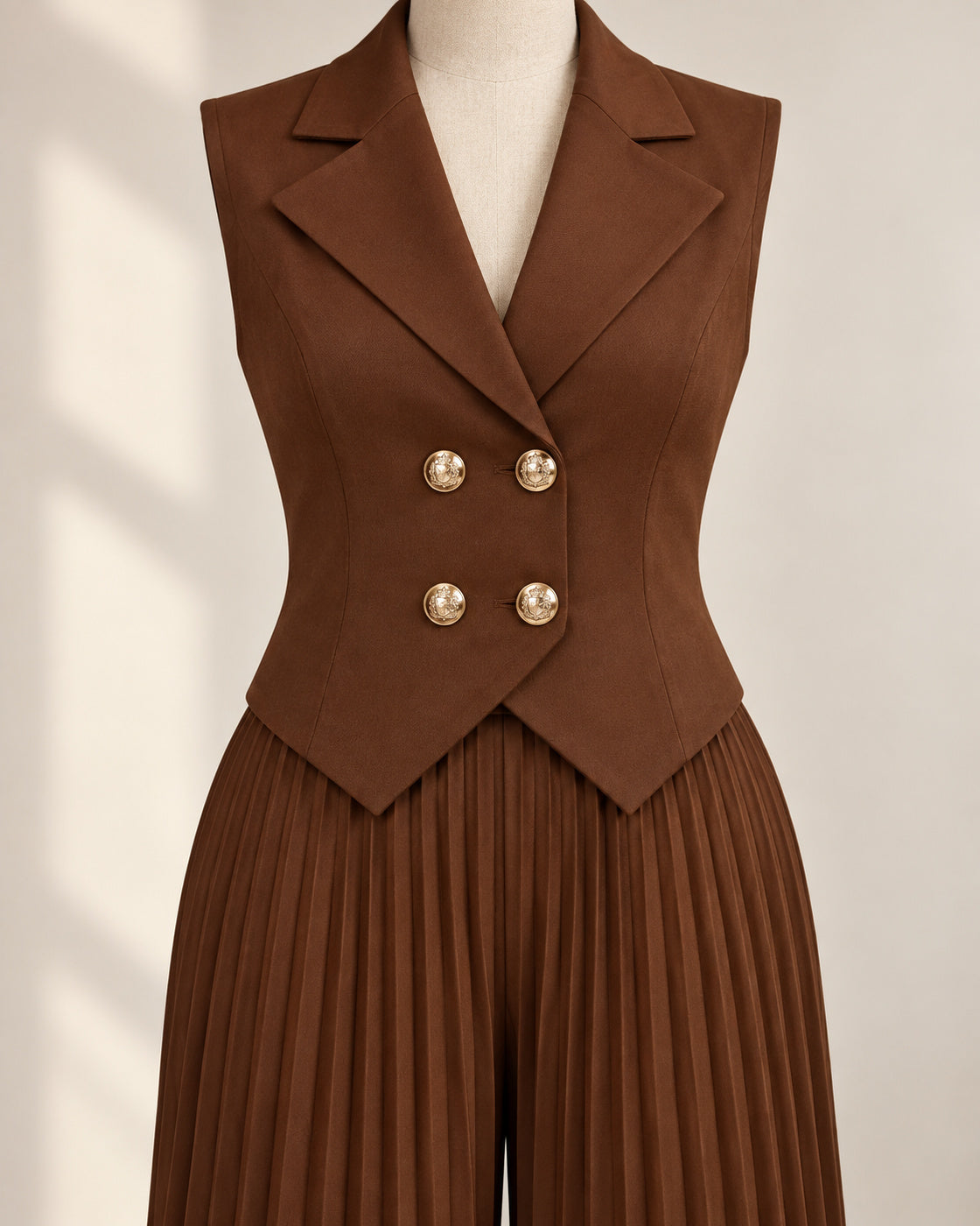 Aurelia Pleated Pants Set in Brown — gold crest buttons and pleated fabric detail