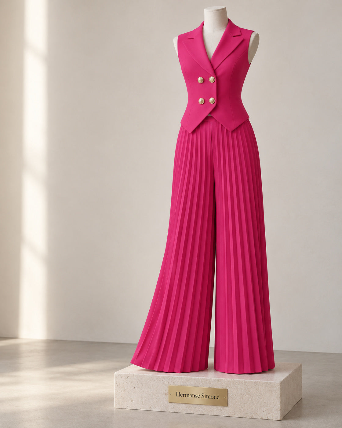 Aurelia Pleated Pants Set in Fuchsia — front view on a branded display form