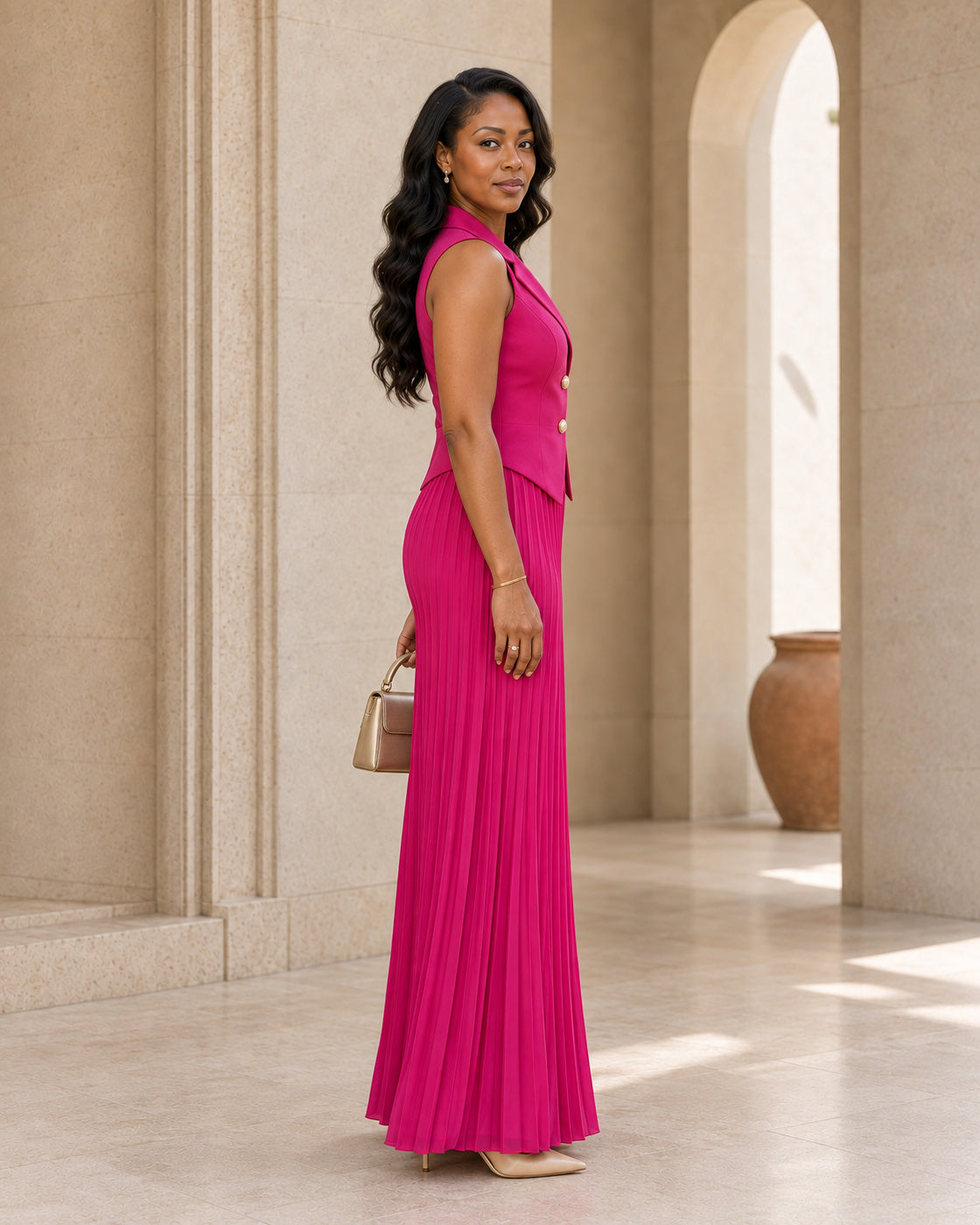 Aurelia Pleated Pants Set - Fuchsia - Model 5 - True side styled look