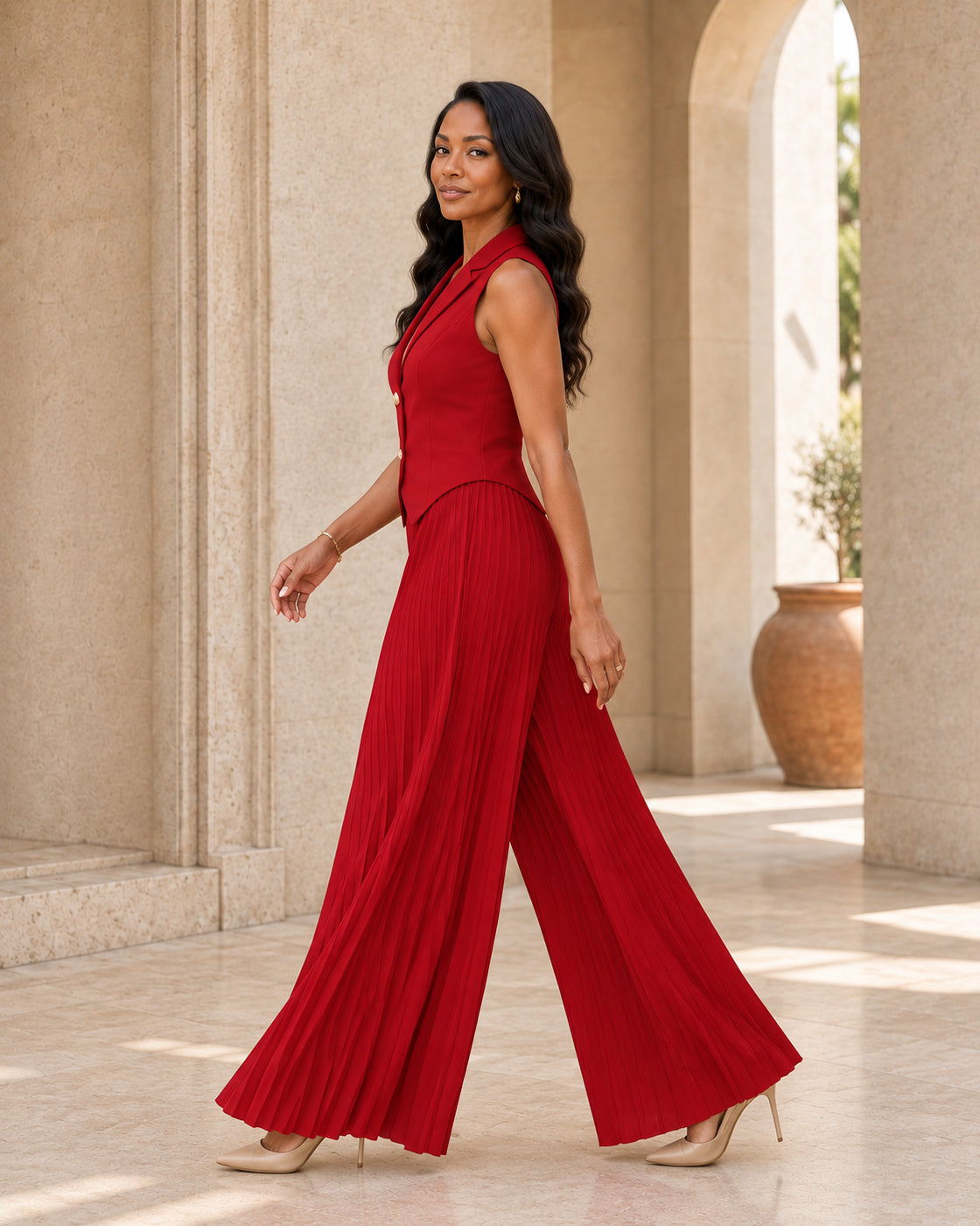 Aurelia Pleated Pants Set - Red - Model 5 - True side styled look