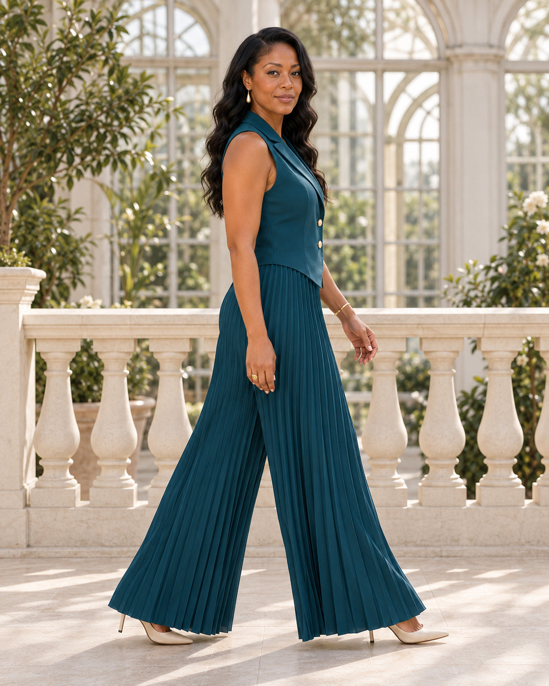 Aurelia Pleated Pants Set - Teal - Model 5 - True side styled look