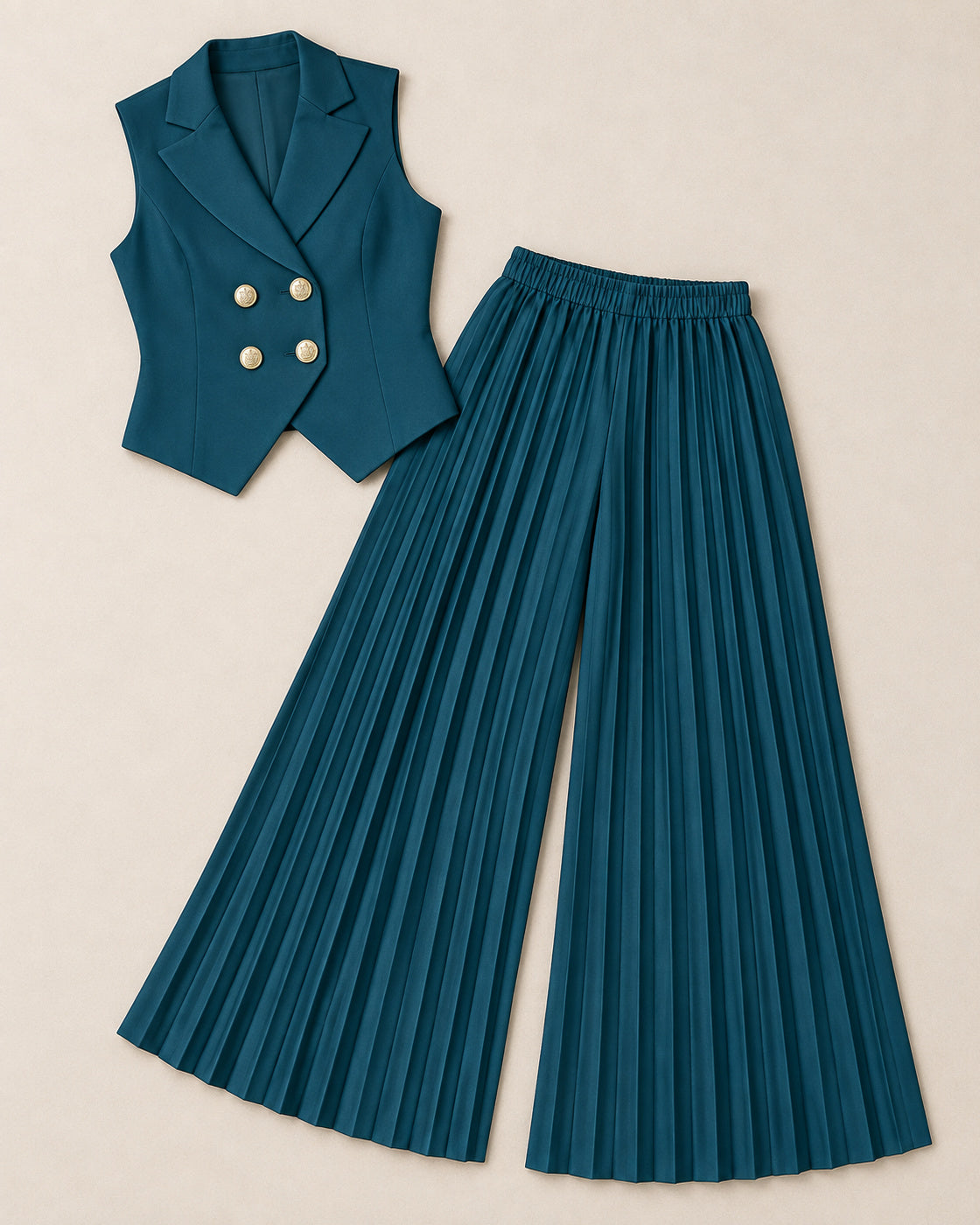 Aurelia Pleated Pants Set in Teal — standalone waistcoat and pleated trousers