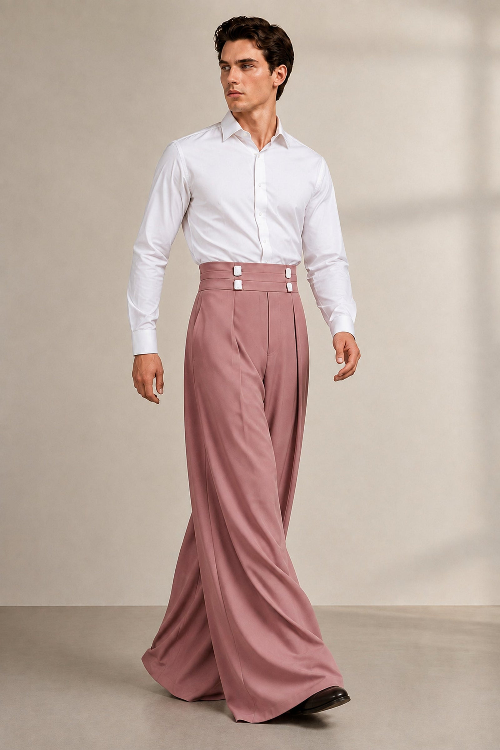 Caelum High-Waist Wide-Leg Trousers in Dusty Rose, diagonal-stride front view