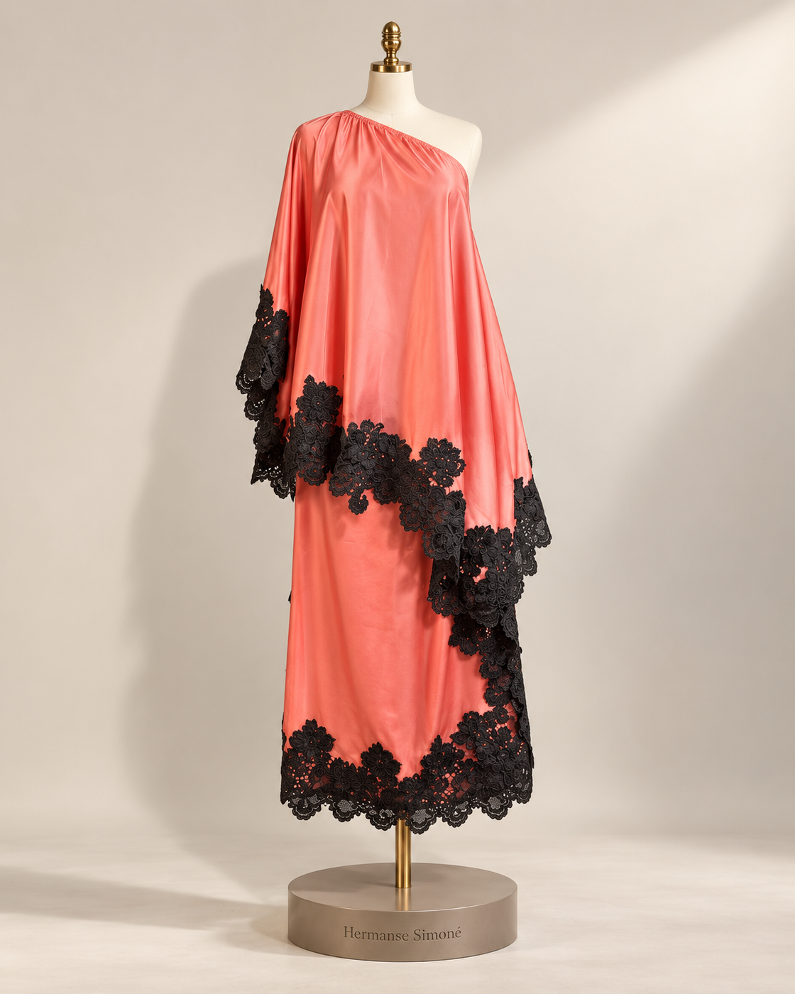 Celandra Lace Cape Dress — Coral Pink — mannequin view
