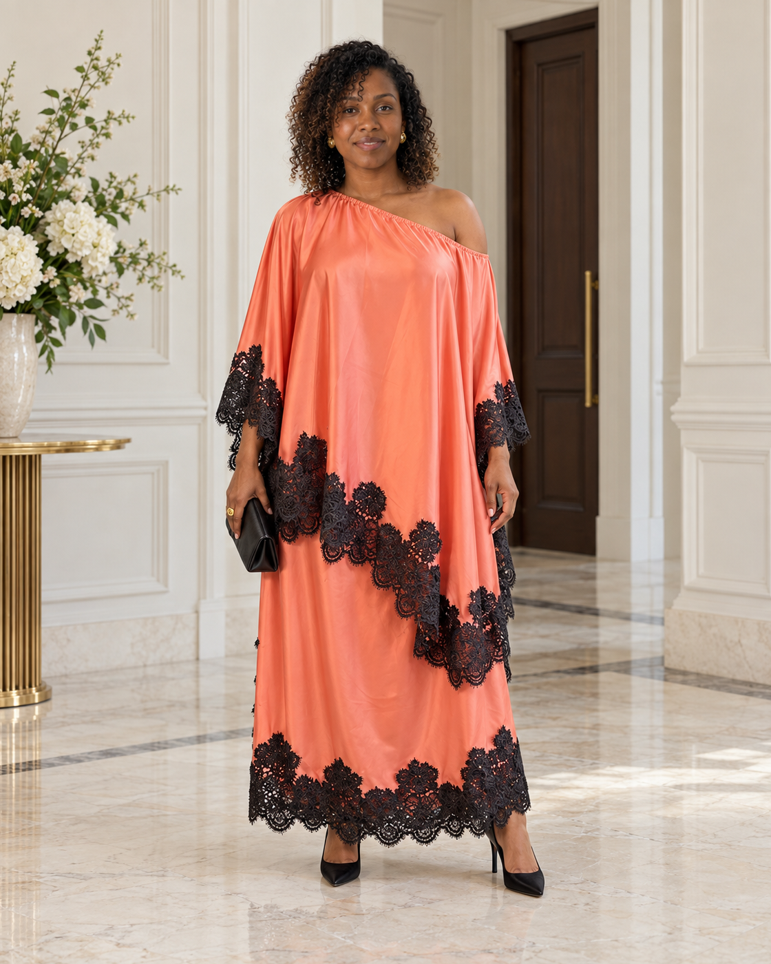 Celandra Lace Cape Dress — Coral Pink — Model 7 — front view