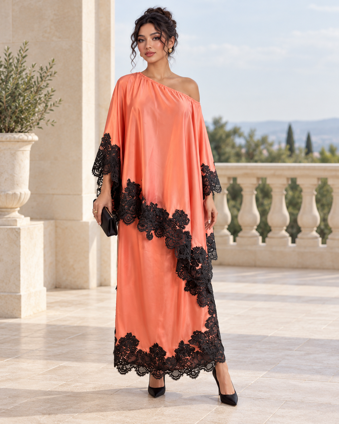 Celandra Lace Cape Dress — Coral Pink — Model 9 — front view