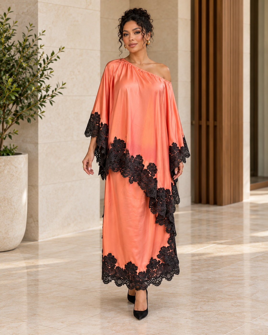 Celandra Lace Cape Dress — Coral Pink — Model 11 — front view
