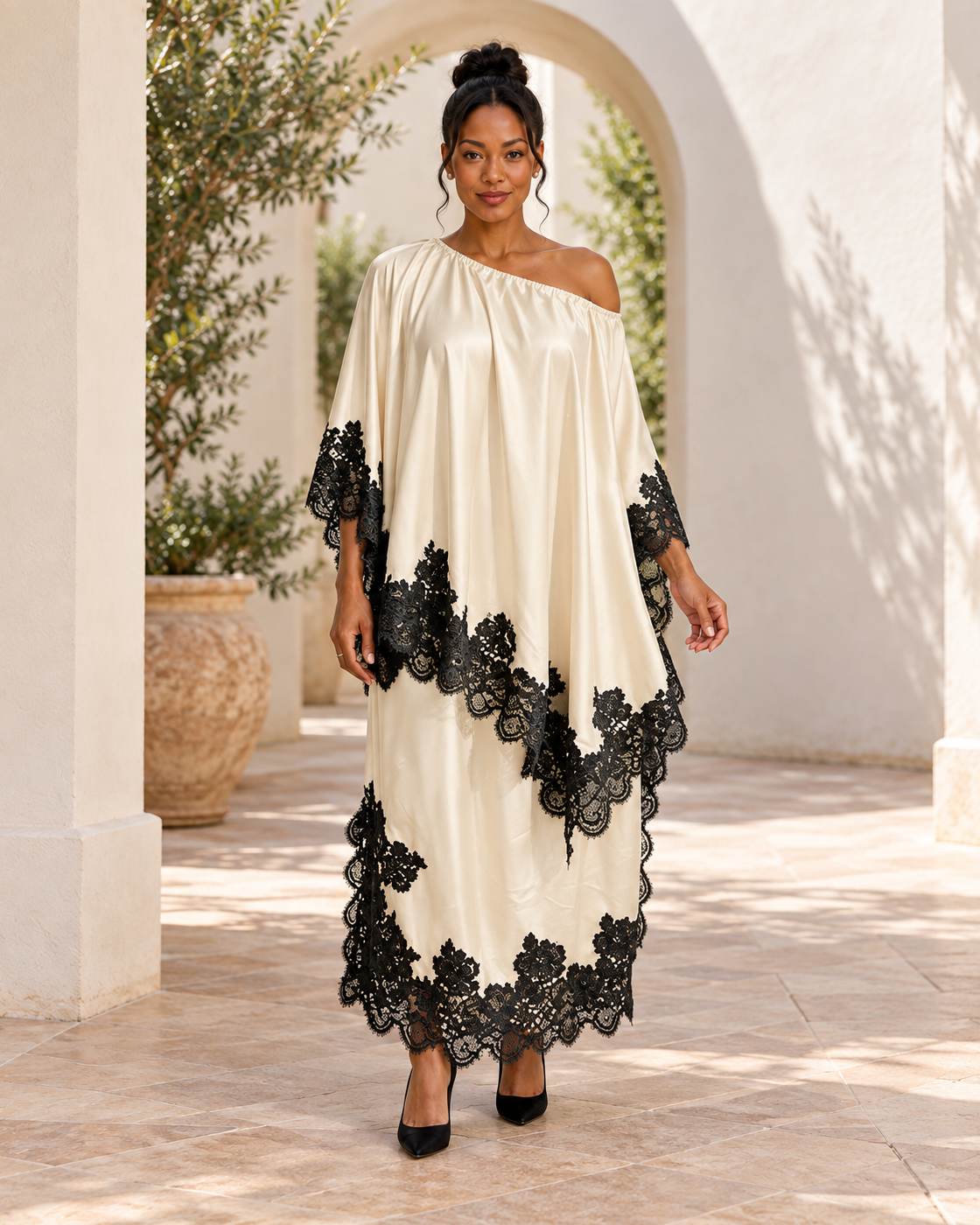 Celandra Lace Cape Dress — Ivory — Model 4 — front view