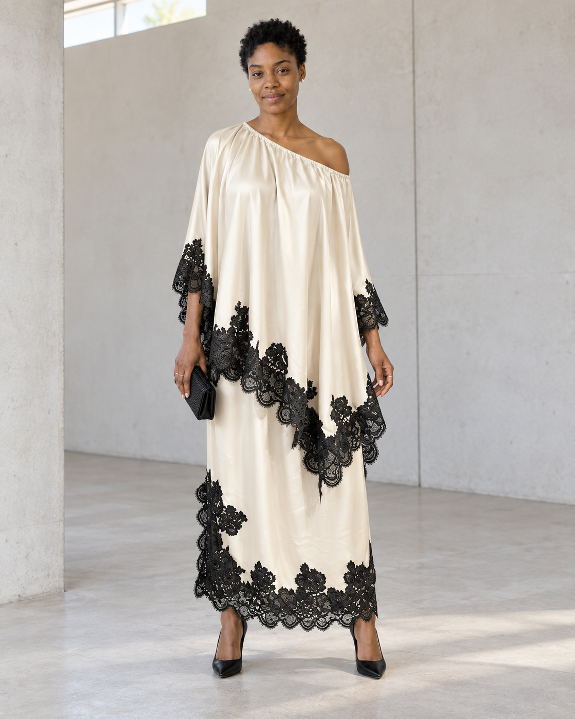 Celandra Lace Cape Dress — Ivory — Model 8 — front view