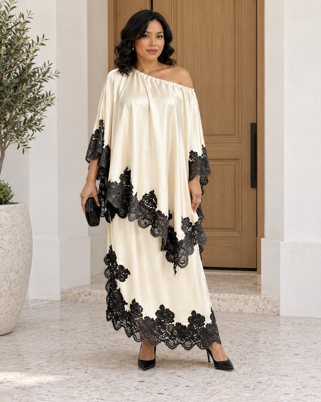 Celandra Lace Cape Dress — Ivory — Model 10 — front view