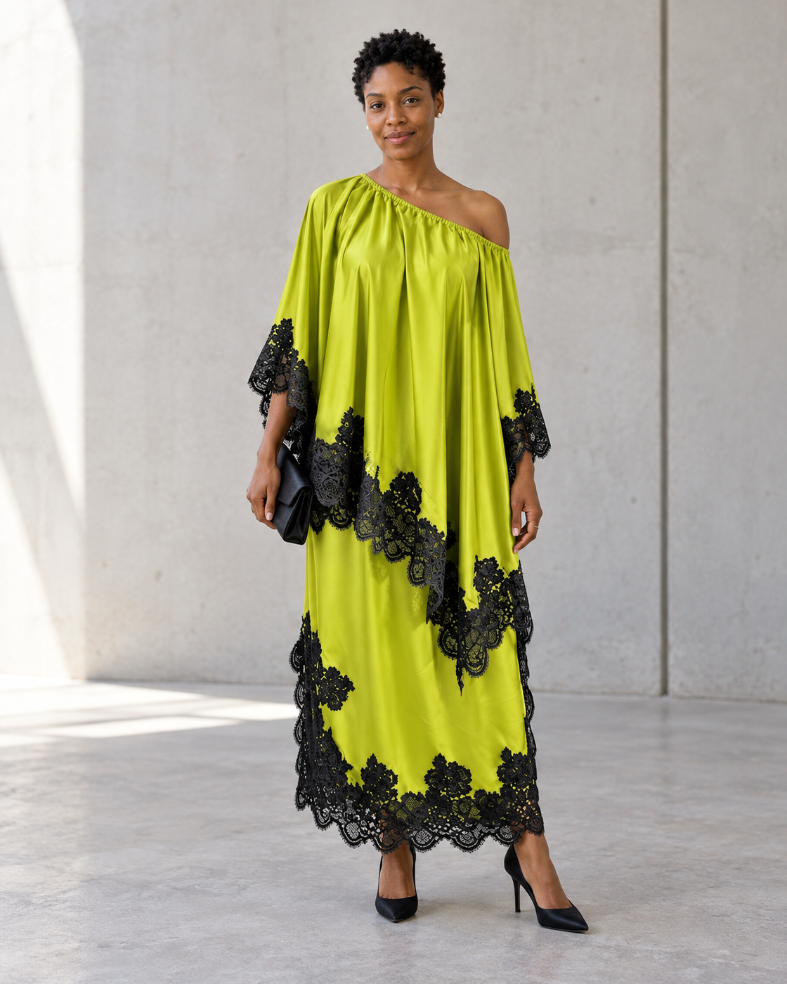Celandra Lace Cape Dress — Lime — Model 8 — front view