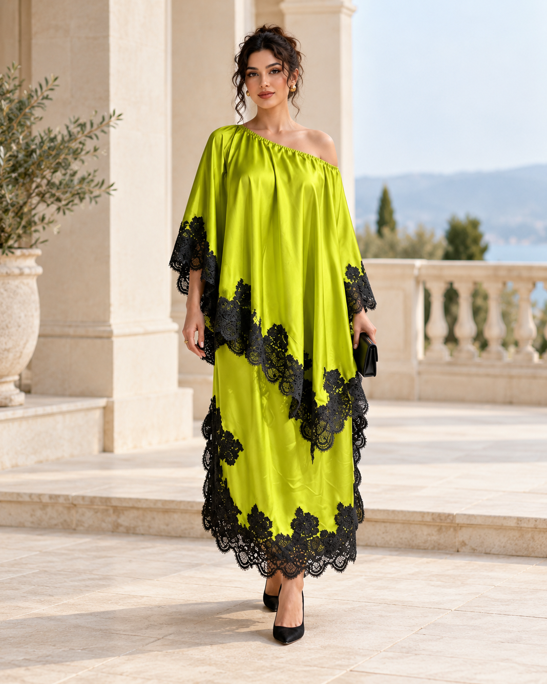 Celandra Lace Cape Dress — Lime — Model 9 — front view