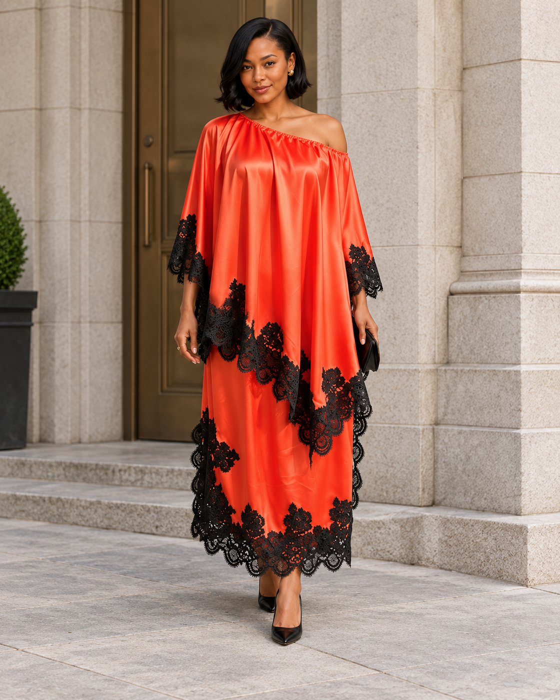 Celandra Lace Cape Dress — Orange Red — Model 3 — front view