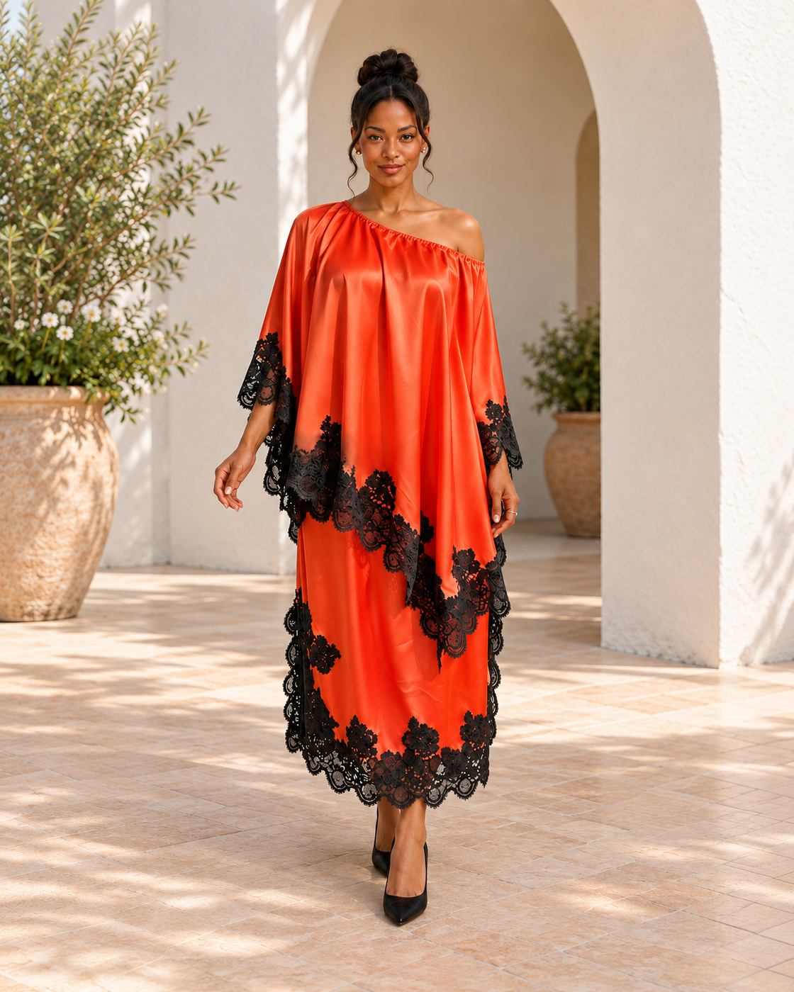 Celandra Lace Cape Dress — Orange Red — Model 4 — front view