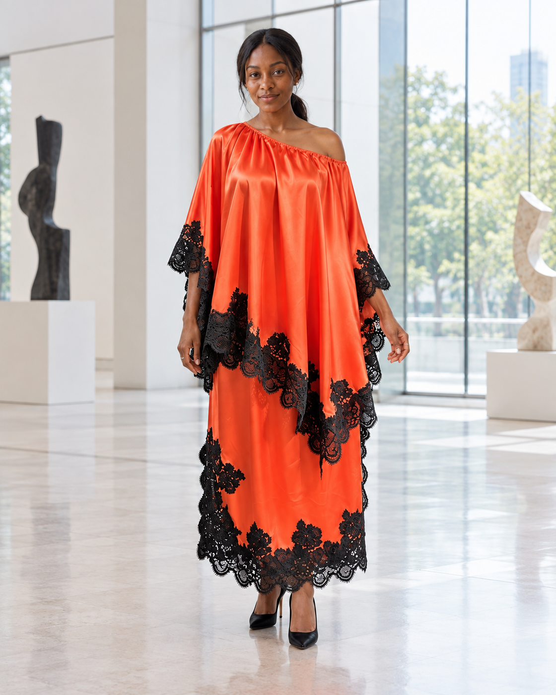 Celandra Lace Cape Dress — Orange Red — Model 6 — front view