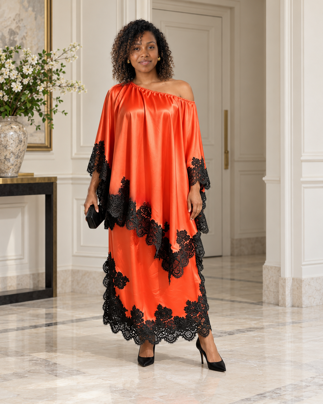 Celandra Lace Cape Dress — Orange Red — Model 7 — front view