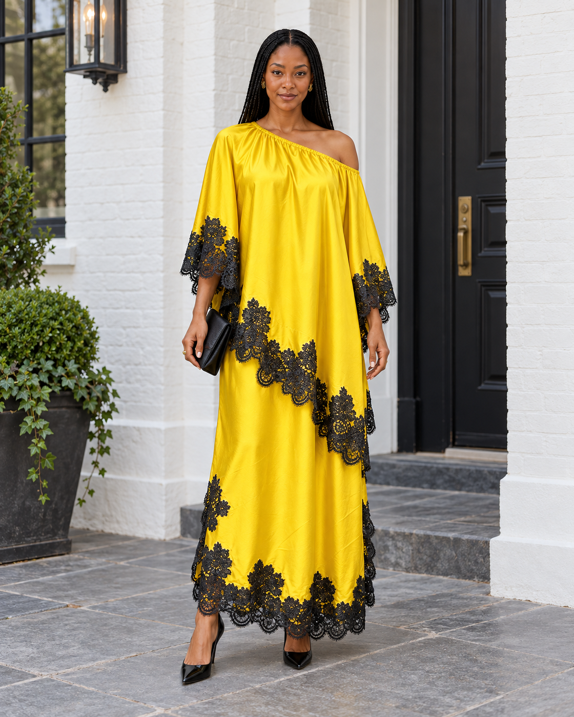 Celandra Lace Cape Dress — Sunflower Yellow — Model 1 — front view
