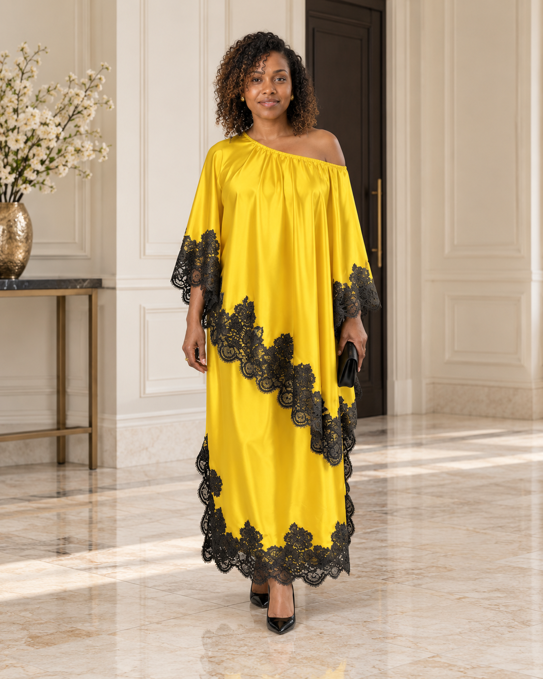 Celandra Lace Cape Dress — Sunflower Yellow — Model 7 — front view