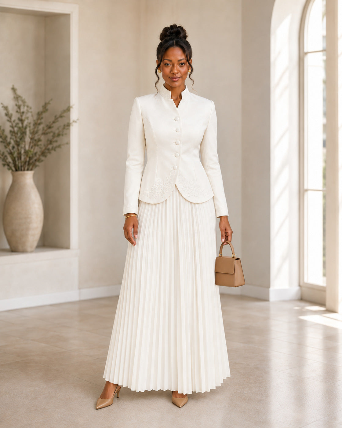 Celestine Pleated Skirt Set - Ivory - Model 4 - Front styled look