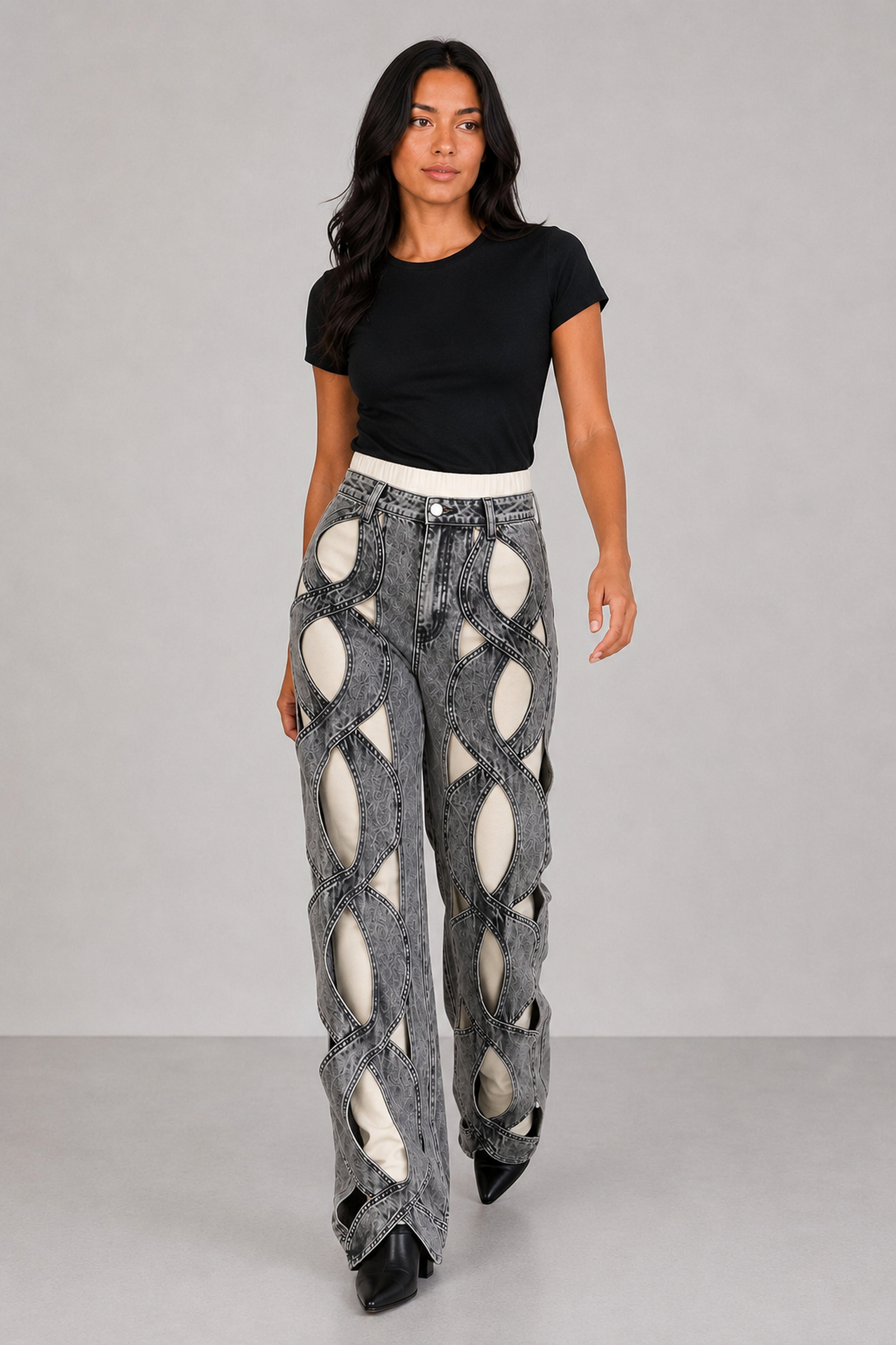 Cressa Cutout Cargo Jeans in Gray styled over ivory leggings, diagonal walking view