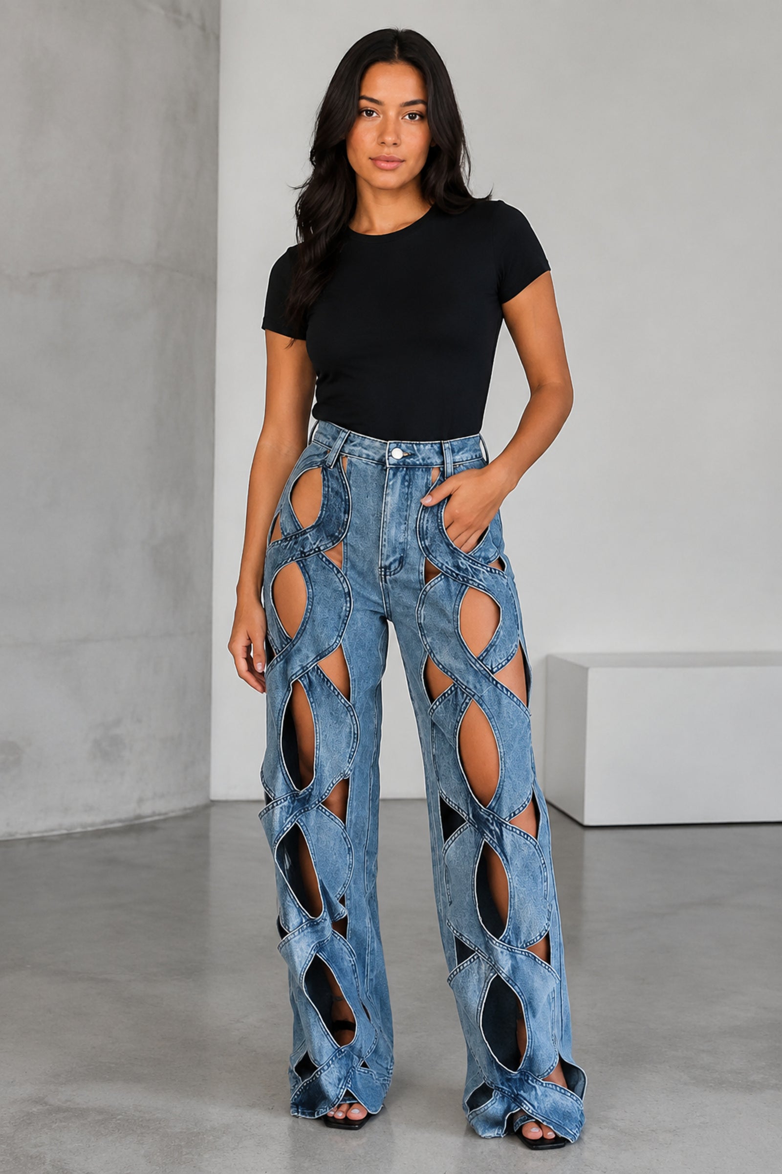 Light blue cutout cargo jeans