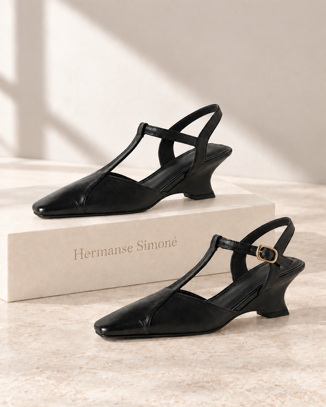 Edessa T-Strap Heels — Black, branded display