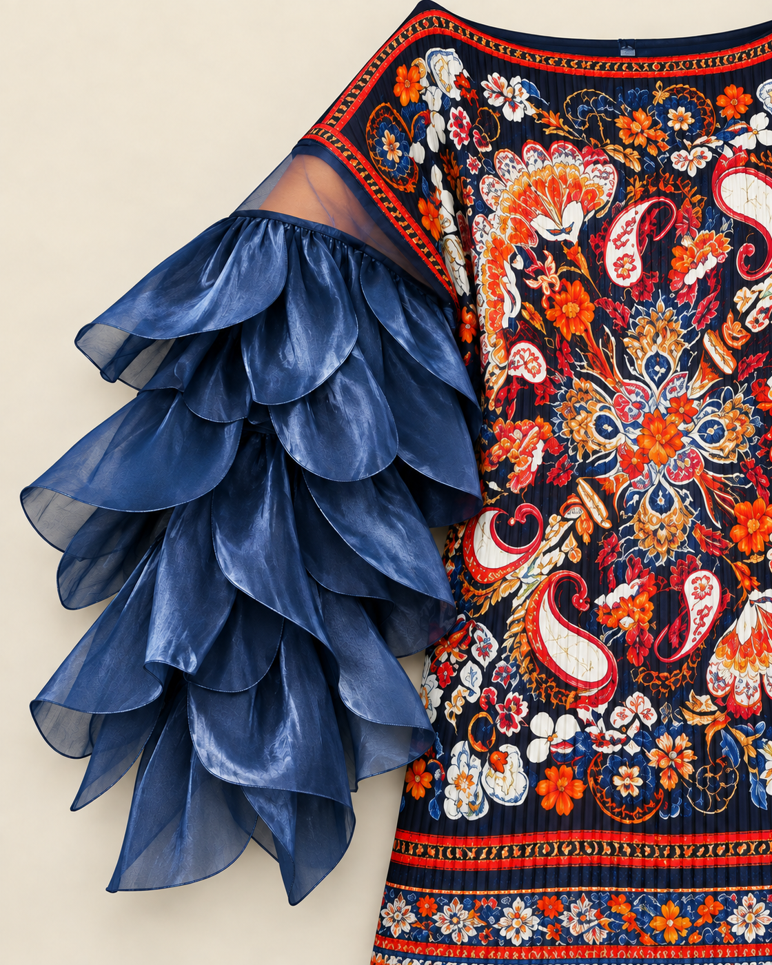 Ferina Petal-Sleeve Kaftan — Medallion Print — detail view