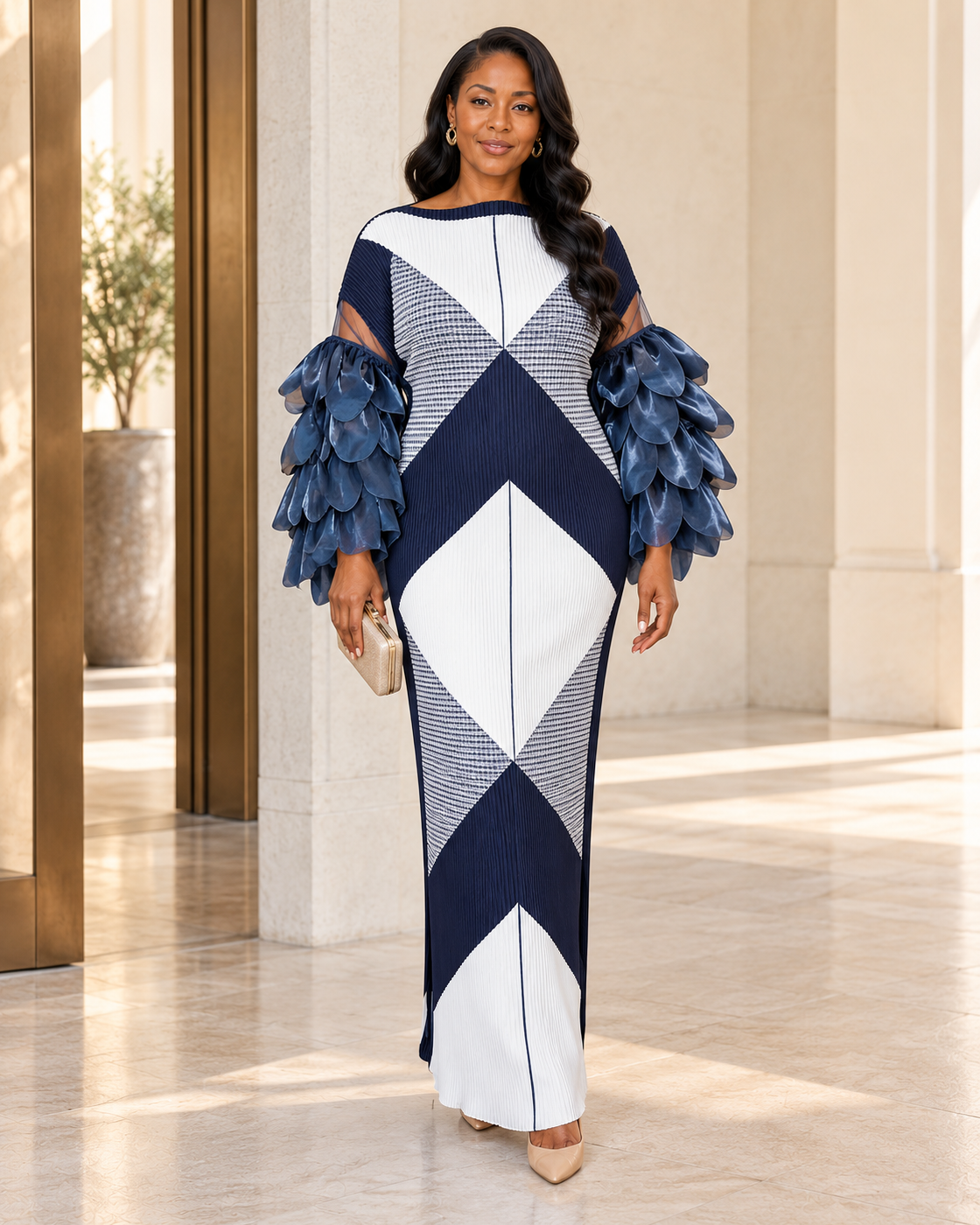 Ferina Petal-Sleeve Kaftan — Navy Geometric — front view